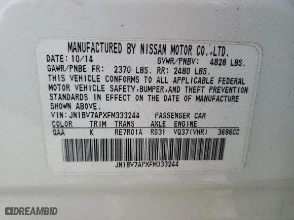2015 Infiniti Q50 with VIN JN1BV7APXFM333244, listed as a Copart auction lot 47667115 with 72,354 mi miles and Salvage Title. Bid and sale history available at carsss.com. Image 14.