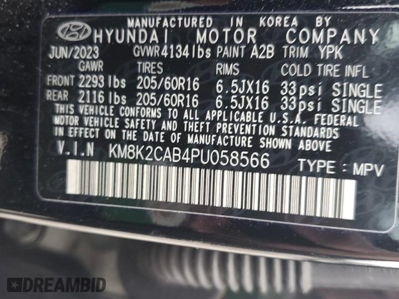 2023 Hyundai Kona SE with VIN KM8K2CAB4PU058566, listed as a Copart auction lot 42292065 with 31,967 mi miles and Salvage Title. Bid and sale history available at carsss.com. Image 13.