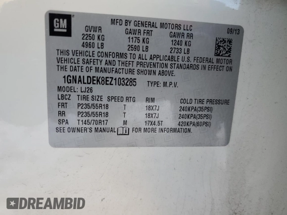 2014 Chevrolet Equinox LTZ with VIN 1GNALDEK8EZ103285, listed as a Copart auction lot 46052215 with 137,570 mi miles and Salvage Title. Bid and sale history available at carsss.com. Image 13.