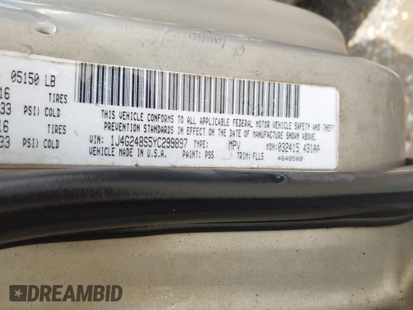 2000 Jeep Grand Cherokee Laredo с VIN 1J4G248S5YC299897, выставлен на аукционе IAAI как лот 41944724 с пробегом Не указан миль и . История ставок и продаж доступна на DreamBid. Изображение 9.