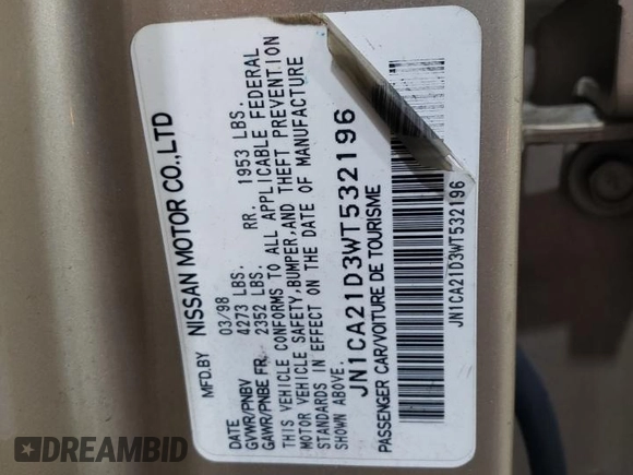 1998 Nissan Maxima GXE with VIN JN1CA21D3WT532196, listed as a Copart auction lot 43210915 with 277,946 mi miles and Salvage title. Bid and sale history available at DreamBid. Image 15.