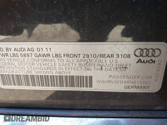 2011 Audi A8 with VIN WAURVAFD9BN014362, listed as a IAAI auction lot 41960366 with 135,244 mi miles and . Bid and sale history available at DreamBid. Image 9.
