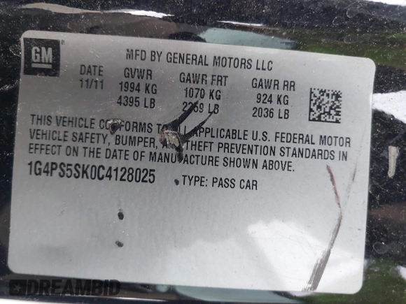 2012 Buick Verano Group with VIN 1G4PS5SK0C4128025, listed as a IAAI auction lot 42534364 with 148,135 mi miles and . Bid and sale history available at DreamBid. Image 9.