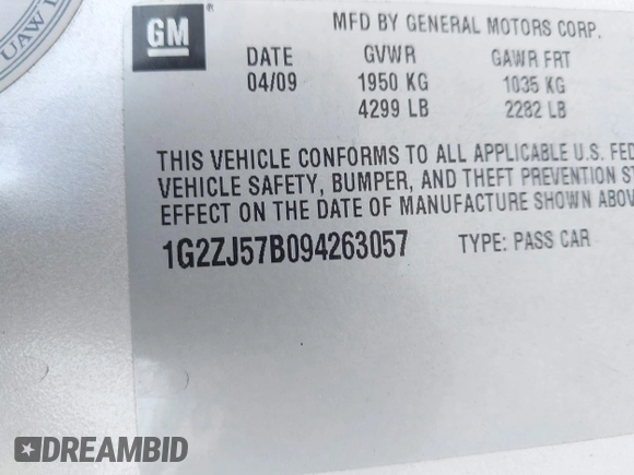 2009 Pontiac G6 1SB z VIN 1G2ZJ57B094263057, wystawiony jako IAAI lot #42092436 z przebiegiem 170 212 mil mil oraz . Historia ofert i sprzedaży dostępna na DreamBid. Obrazek 9.