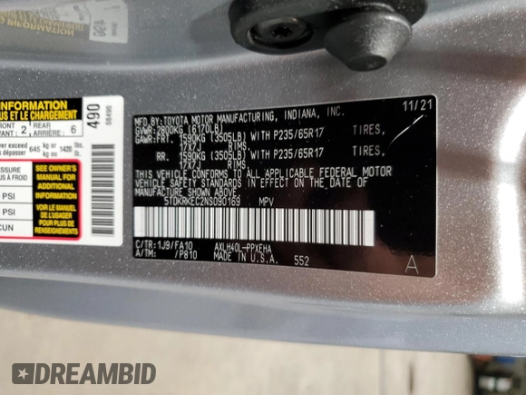 2022 Toyota Sienna LE with VIN 5TDKRKEC2NS090169, listed as a Copart auction lot 60974515 with 83,746 mi miles and Salvage title. Bid and sale history available at DreamBid. Image 13.