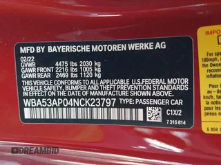 2022 BMW 4 Series 430i with VIN WBA53AP04NCK23797, listed as a IAAI auction lot 41583184 with 42,069 mi miles and . Bid and sale history available at carsss.com. Image 9.