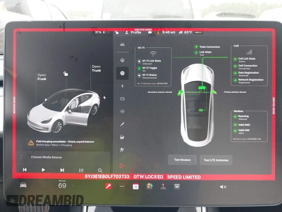 2020 Tesla Model 3 Long Range with VIN 5YJ3E1EB0LF703733, listed as a IAAI auction lot 41796732 with 75,027 mi miles. Bid and sale history available at carsss.com. Image 18.