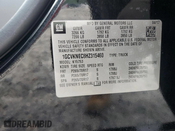 2017 Chevrolet Silverado 1500 Work Truck with VIN 1GCVKNEC8HZ315460, listed as a Copart auction lot 54633005 with Not Provided miles and Salvage Title. Bid and sale history available at DreamBid. Image 12.