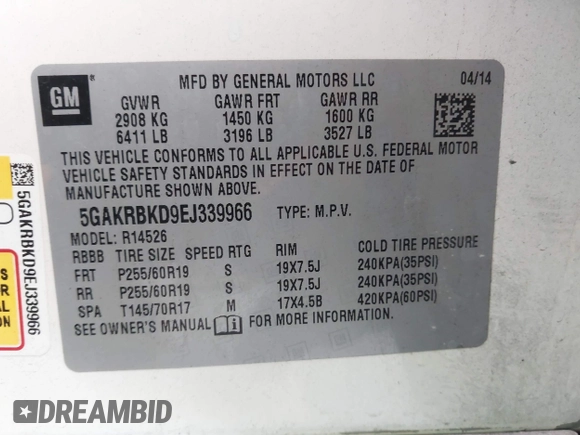 2014 Buick Enclave Leather with VIN 5GAKRBKD9EJ339966, listed as a IAAI auction lot 42116213 with 116,364 mi miles and . Bid and sale history available at carsss.com. Image 9.