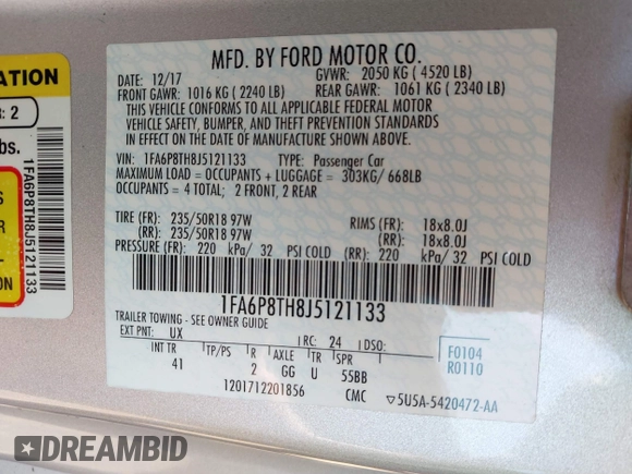 2018 Ford Mustang EcoBoost with VIN 1FA6P8TH8J5121133, listed as a IAAI auction lot 42260938 with 35,166 mi miles and . Bid and sale history available at DreamBid. Image 9.