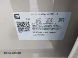 2022 Chevrolet Malibu LT with VIN 1G1ZD5ST3NF161651, listed as a IAAI auction lot 41974205 with 56,347 mi miles and . Bid and sale history available at DreamBid. Image 9.