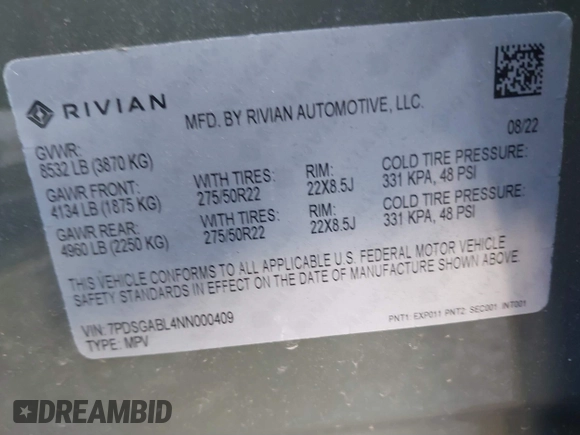 2022 Rivian R1S Launch Edition with VIN 7PDSGABL4NN000409, listed as a IAAI auction lot 41433164 with 39,603 mi miles. Bid and sale history available at carsss.com. Image 9.