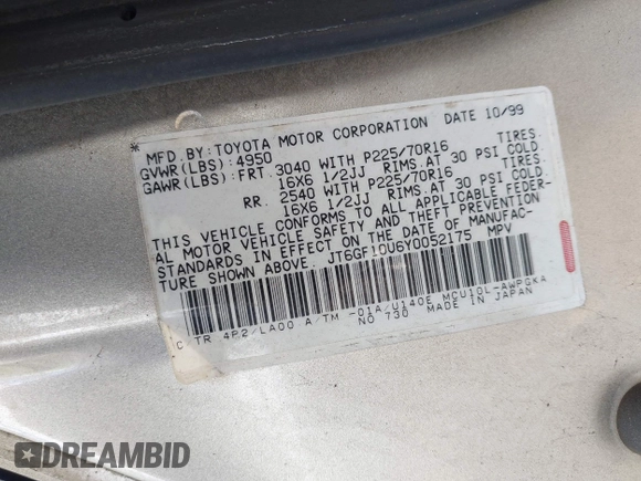 2000 Lexus RX 300 with VIN JT6GF10U6Y0052175, listed as a IAAI auction lot 42003969 with 136,450 mi miles and . Bid and sale history available at DreamBid. Image 9.