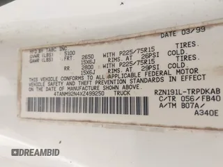 1999 Toyota Tacoma PreRunner с VIN 4TANM92N4XZ499250, выставлен на аукционе IAAI как лот 42040843 с пробегом Не указан миль и . История ставок и продаж доступна на DreamBid. Изображение 9.