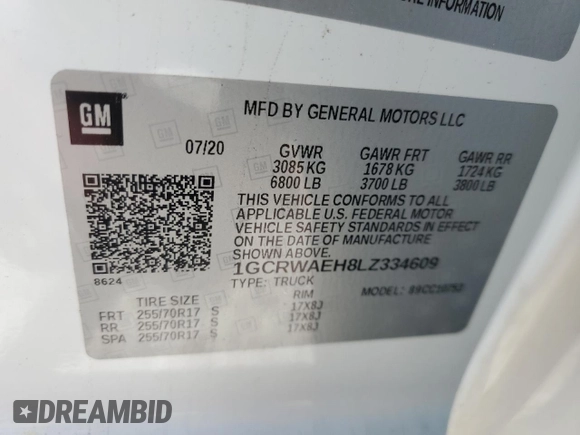 2020 Chevrolet Silverado 1500 Work Truck with VIN 1GCRWAEH8LZ334609, listed as a Copart auction lot 55708055 with 66,399 mi miles and Clean Title. Bid and sale history available at DreamBid. Image 12.