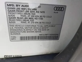 2022 Audi Q7 Premium Plus with VIN WA1LXBF71ND020244, listed as a IAAI auction lot 42115796 with 41,893 mi miles and . Bid and sale history available at DreamBid. Image 9.