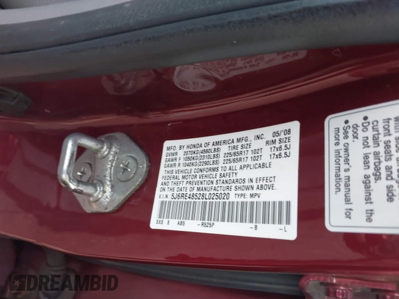 2008 Honda CR-V EX with VIN 5J6RE48528L025020, listed as a IAAI auction lot 40967326 with Not Provided miles. Bid and sale history available at carsss.com. Image 9.
