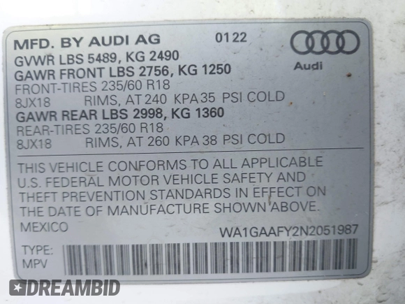 2022 Audi Q5 S line Premium with VIN WA1GAAFY2N2051987, listed as a IAAI auction lot 41379159 with 34,592 mi miles and . Bid and sale history available at DreamBid. Image 9.