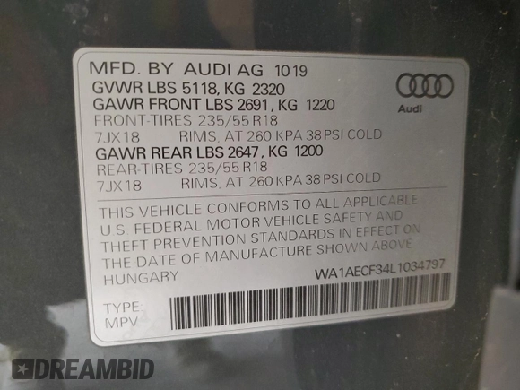 2020 Audi Q3 Premium with VIN WA1AECF34L1034797, listed as a Copart auction lot 51096385 with 74,192 mi miles and Salvage title. Bid and sale history available at DreamBid. Image 12.