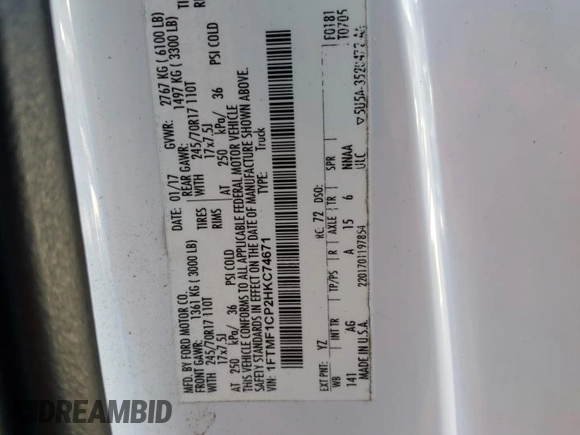 2017 Ford F-150 XL с VIN 1FTMF1CP2HKC74671, выставлен на аукционе Copart как лот 71832524 с пробегом 58 902 миль миль и Списание • Salvage title. История ставок и продаж доступна на DreamBid. Изображение 12.