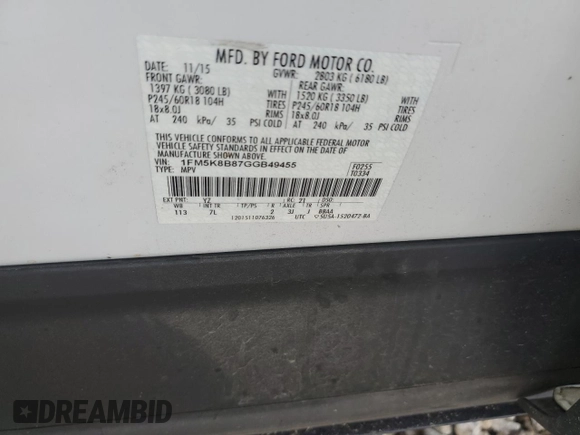 2016 Ford Explorer with VIN 1FM5K8B87GGB49455, listed as a Copart auction lot 54572715 with 125,287 mi miles and Salvage title. Bid and sale history available at DreamBid. Image 14.
