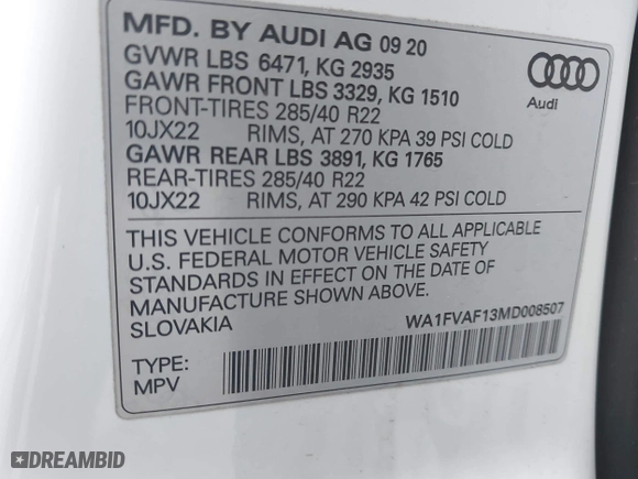 2021 Audi Q8 Prestige with VIN WA1FVAF13MD008507, listed as a IAAI auction lot 41725785 with 72,749 mi miles. Bid and sale history available at carsss.com. Image 9.