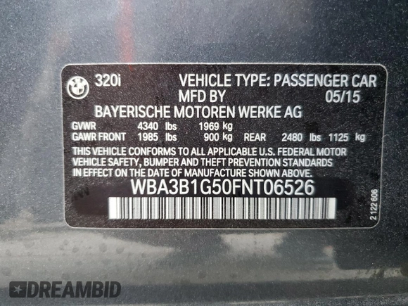 2015 BMW 3 Series 320i with VIN WBA3B1G50FNT06526, listed as a Copart auction lot 50735865 with 128,001 mi miles and Salvage Title. Bid and sale history available at carsss.com. Image 12.