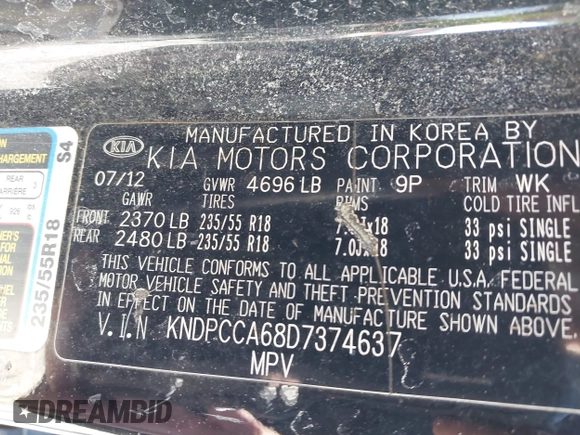2013 Kia Sportage SX with VIN KNDPCCA68D7374637, listed as a IAAI auction lot 41810746 with Not Provided miles and . Bid and sale history available at carsss.com. Image 9.
