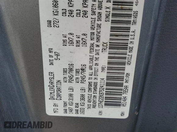 2007 Dodge Dakota ST z VIN 1D7HE22K87S241114, wystawiony jako Copart lot #53488205 z przebiegiem 151 265 mil mil oraz Szkoda całkowita • Salvage title. Historia ofert i sprzedaży dostępna na DreamBid. Obrazek 12.