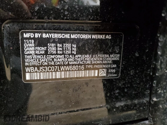 2020 BMW 5 Series 540i xDrive with VIN WBAJS3C07LWW68016, listed as a Copart auction lot 84332374 with Not provided miles and Salvage title. Bid and sale history available at DreamBid. Image 12.