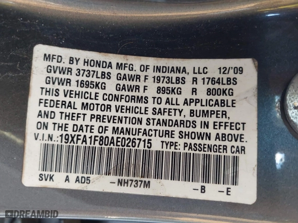 2010 Honda Civic Sdn EX with VIN 19XFA1F80AE026715, listed as a IAAI auction lot 41887154 with 128,272 mi miles. Bid and sale history available at carsss.com. Image 9.