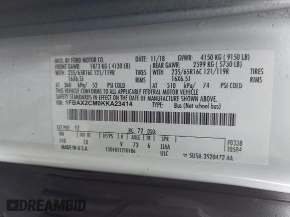 2019 Ford Transit Passenger XL with VIN 1FBAX2CM0KKA23414, listed as a IAAI auction lot 41414158 with 481,235 mi miles and . Bid and sale history available at carsss.com. Image 9.