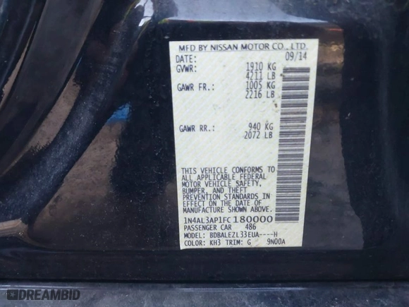 2015 Nissan Altima 2.5 S with VIN 1N4AL3AP1FC180000, listed as a IAAI auction lot 41099267 with 177,730 mi miles. Bid and sale history available at carsss.com. Image 9.