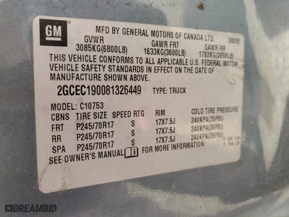 2008 Chevrolet Silverado 1500 LT w/2LT with VIN 2GCEC190081326449, listed as a Copart auction lot 49590565 with 309,997 mi miles and Salvage Title. Bid and sale history available at carsss.com. Image 12.