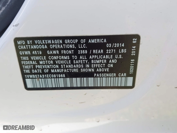 2014 Volkswagen Passat SE w/Sunroof with VIN 1VWBS7A31EC081968, listed as a IAAI auction lot 41963985 with 143,670 mi miles. Bid and sale history available at carsss.com. Image 9.