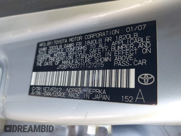 2007 Toyota Yaris with VIN JTDBT923771127215, listed as a IAAI auction lot 41647533 with 207,248 mi miles. Bid and sale history available at carsss.com. Image 9.