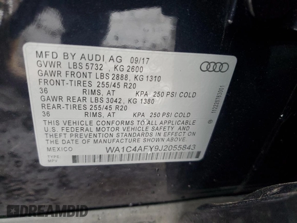 2018 Audi SQ5 Prestige with VIN WA1C4AFY9J2055843, listed as a Copart auction lot 84632594 with 46,838 mi miles and Salvage Title. Bid and sale history available at DreamBid. Image 13.