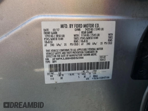 2017 Ford Edge SEL with VIN 2FMPK3J89HBB52394, listed as a Copart auction lot 49795905 with 135,120 mi miles and Salvage Title. Bid and sale history available at carsss.com. Image 13.