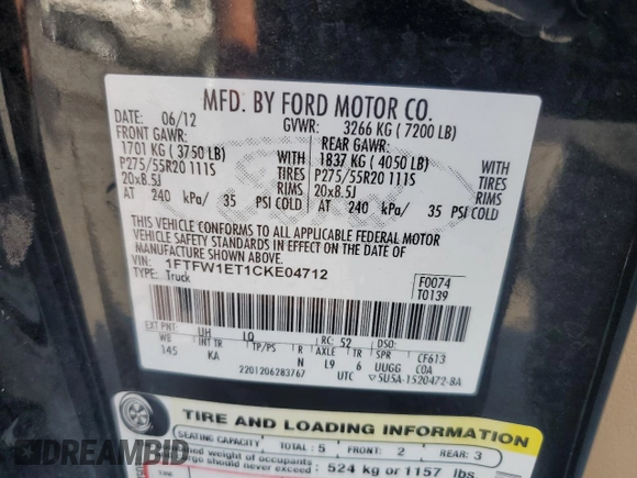 2012 Ford F-150 XL with VIN 1FTFW1ET1CKE04712, listed as a Copart auction lot 58817134 with 170,284 mi miles and Salvage Title. Bid and sale history available at carsss.com. Image 12.