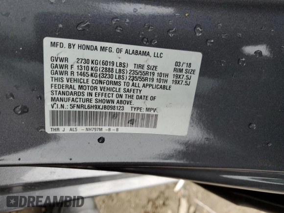 2018 Honda Odyssey Elite with VIN 5FNRL6H9XJB098123, listed as a Copart auction lot 48237955 with 85,261 mi miles and Salvage Title. Bid and sale history available at carsss.com. Image 15.