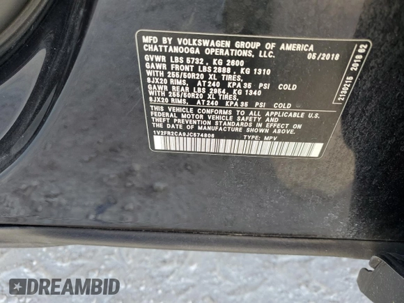 2018 Volkswagen Atlas SE z VIN 1V2FR2CA9JC574806, wystawiony jako Copart lot #80307314 z przebiegiem 65 282 mil mil oraz Szkoda całkowita • Salvage title. Historia ofert i sprzedaży dostępna na DreamBid. Obrazek 13.