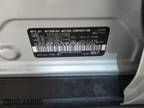 2021 Mitsubishi Outlander SE with VIN JA4APVAUXMU025835, listed as a Copart auction lot 50597345 with 86,866 mi miles and Salvage title. Bid and sale history available at DreamBid. Image 12.