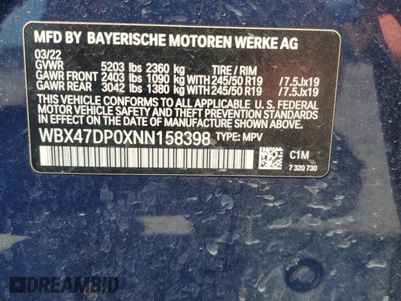 2022 BMW X3 sDrive30i with VIN WBX47DP0XNN158398, listed as a Copart auction lot 49819095 with 53,816 mi miles and Non Repairable. Bid and sale history available at DreamBid. Image 15.