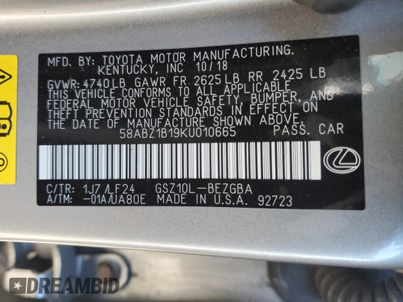 2019 Lexus ES with VIN 58ABZ1B19KU010665, listed as a Copart auction lot 46840835 with 68,587 mi miles and Salvage Title. Bid and sale history available at carsss.com. Image 13.