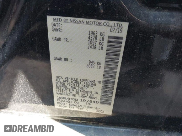 2019 Nissan Altima 2.5 SL with VIN 1N4BL4EV5KC197640, listed as a IAAI auction lot 40295883 with 160,000 mi miles. Bid and sale history available at carsss.com. Image 9.