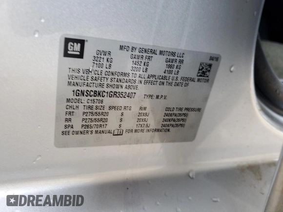2016 Chevrolet Tahoe LT with VIN 1GNSCBKC1GR352407, listed as a Copart auction lot 58039245 with 150,744 mi miles and Salvage title. Bid and sale history available at DreamBid. Image 12.