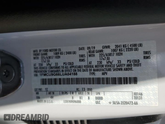 2020 Ford Escape SE с VIN 1FMCU9G66LUA04188, выставлен на аукционе Copart как лот 64017435 с пробегом 35 420 миль миль и Списание • Salvage title. История ставок и продаж доступна на DreamBid. Изображение 13.