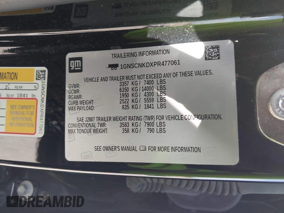 2023 Chevrolet Tahoe LT z VIN 1GNSCNKDXPR477061, wystawiony jako IAAI lot #42225743 z przebiegiem 57 077 mil mil oraz . Historia ofert i sprzedaży dostępna na DreamBid. Obrazek 9.