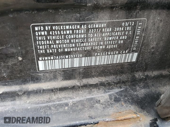 2012 Volkswagen Golf TDI with VIN WVWNM7AJ3CW293128, listed as a Copart auction lot 59679405 with Not provided miles and Clean title. Bid and sale history available at DreamBid. Image 12.