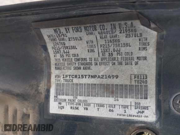 1992 Ford Ranger with VIN 1FTCR15T7NPA21499, listed as a IAAI auction lot 41815175 with 53,179 mi miles and . Bid and sale history available at DreamBid. Image 9.